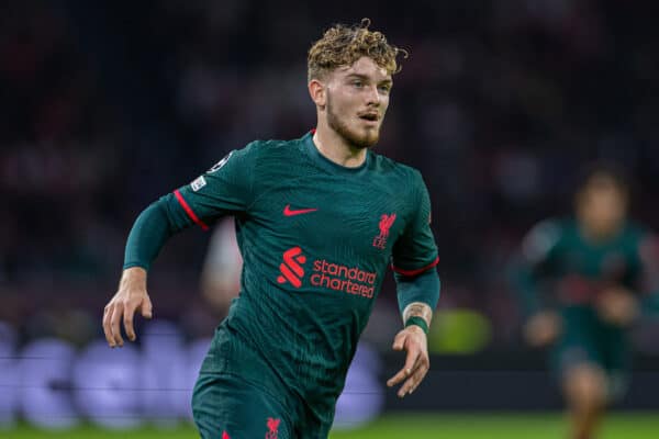 AMSTERDAM, THE NETHERLANDS - Wednesday, October 26, 2022: Liverpool's Harvey Elliott during the UEFA Champions League Group A matchday 5 game between AFC Ajax and Liverpool FC at the Amsterdam Arena. (Pic by David Rawcliffe/Propaganda)