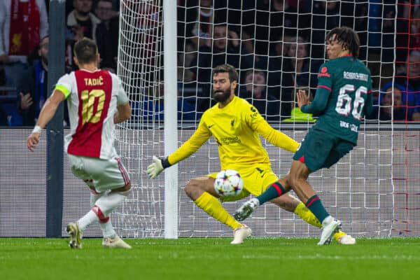 AMSTERDAM, THE NETHERLANDS - Wednesday, October 26, 2022: Liverpool's goalkeeper Alisson Becker makes a save during the UEFA Champions League Group A matchday 5 game between AFC Ajax and Liverpool FC at the Amsterdam Arena. (Pic by David Rawcliffe/Propaganda)