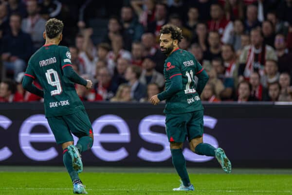 AMSTERDAM, THE NETHERLANDS - Wednesday, October 26, 2022: Liverpool's Mohamed Salah celebrates after scoring the first goal during the UEFA Champions League Group A matchday 5 game between AFC Ajax and Liverpool FC at the Amsterdam Arena. (Pic by David Rawcliffe/Propaganda)