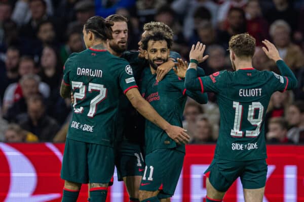 AMSTERDAM, THE NETHERLANDS - Wednesday, October 26, 2022: Liverpool's Mohamed Salah (C) celebrates after scoring the first goal during the UEFA Champions League Group A matchday 5 game between AFC Ajax and Liverpool FC at the Amsterdam Arena. (Pic by David Rawcliffe/Propaganda)