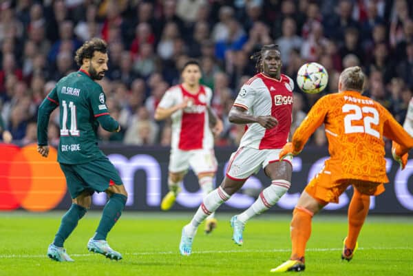 AMSTERDAM, THE NETHERLANDS - Wednesday, October 26, 2022: Liverpool's Mohamed Salah scores the first goal during the UEFA Champions League Group A matchday 5 game between AFC Ajax and Liverpool FC at the Amsterdam Arena. (Pic by David Rawcliffe/Propaganda)