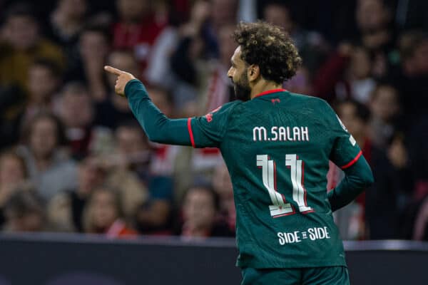 AMSTERDAM, THE NETHERLANDS - Wednesday, October 26, 2022: Liverpool's Mohamed Salah celebrates after scoring the first goal during the UEFA Champions League Group A matchday 5 game between AFC Ajax and Liverpool FC at the Amsterdam Arena. (Pic by David Rawcliffe/Propaganda)