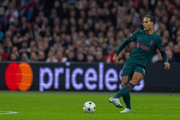 AMSTERDAM, THE NETHERLANDS - Wednesday, October 26, 2022: Liverpool's Virgil van Dijk during the UEFA Champions League Group A matchday 5 game between AFC Ajax and Liverpool FC at the Amsterdam Arena. (Pic by David Rawcliffe/Propaganda)