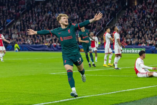 AMSTERDAM, THE NETHERLANDS - Wednesday, October 26, 2022: Liverpool's Harvey Elliott celebrates after scoring the third goal during the UEFA Champions League Group A matchday 5 game between AFC Ajax and Liverpool FC at the Amsterdam Arena. (Pic by David Rawcliffe/Propaganda)