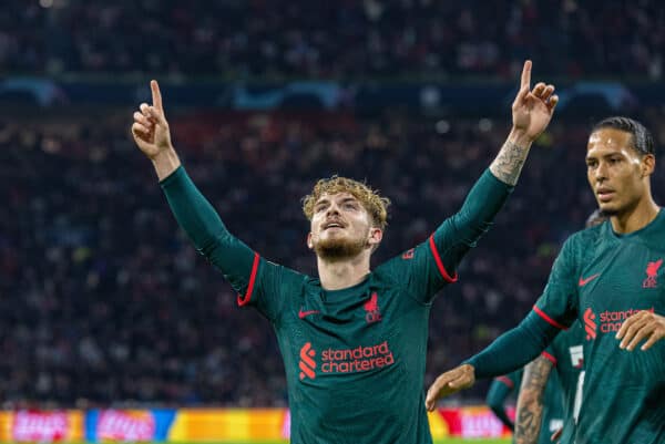 AMSTERDAM, THE NETHERLANDS - Wednesday, October 26, 2022: Liverpool's Harvey Elliott celebrates after scoring the third goal during the UEFA Champions League Group A matchday 5 game between AFC Ajax and Liverpool FC at the Amsterdam Arena. (Pic by David Rawcliffe/Propaganda)