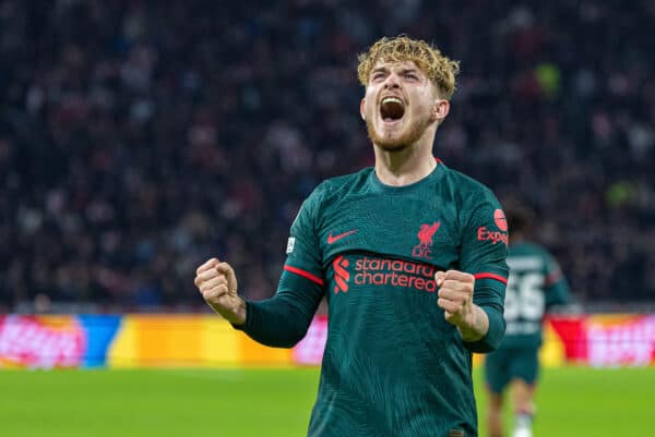 AMSTERDAM, THE NETHERLANDS - Wednesday, October 26, 2022: Liverpool's Harvey Elliott celebrates after scoring the third goal during the UEFA Champions League Group A matchday 5 game between AFC Ajax and Liverpool FC at the Amsterdam Arena. (Pic by David Rawcliffe/Propaganda)