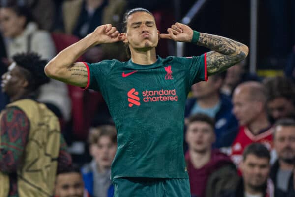 AMSTERDAM, THE NETHERLANDS - Wednesday, October 26, 2022: Liverpool's Darwin Núñez celebrates after scoring the second goal during the UEFA Champions League Group A matchday 5 game between AFC Ajax and Liverpool FC at the Amsterdam Arena. (Pic by David Rawcliffe/Propaganda)