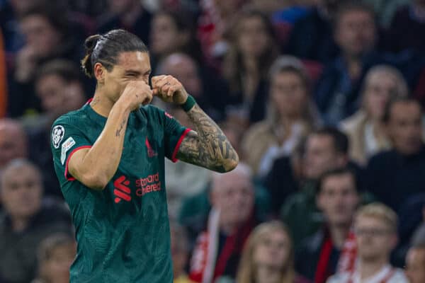 AMSTERDAM, THE NETHERLANDS - Wednesday, October 26, 2022: Liverpool's Darwin Núñez celebrates after scoring the second goal during the UEFA Champions League Group A matchday 5 game between AFC Ajax and Liverpool FC at the Amsterdam Arena. (Pic by David Rawcliffe/Propaganda)