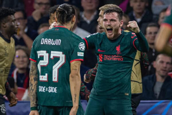 AMSTERDAM, THE NETHERLANDS - Wednesday, October 26, 2022: Liverpool's Darwin Núñez (L) celebrates with team-mate Andy Robertson after scoring the second goal during the UEFA Champions League Group A matchday 5 game between AFC Ajax and Liverpool FC at the Amsterdam Arena. (Pic by David Rawcliffe/Propaganda)