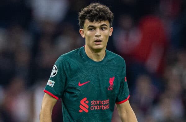 AMSTERDAM, THE NETHERLANDS - Wednesday, October 26, 2022: Liverpool's Stefan Bajcetic during the UEFA Champions League Group A matchday 5 game between AFC Ajax and Liverpool FC at the Amsterdam Arena. (Pic by David Rawcliffe/Propaganda)