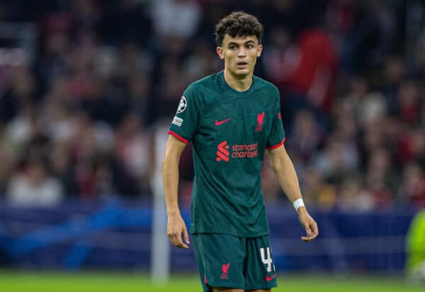 AMSTERDAM, THE NETHERLANDS - Wednesday, October 26, 2022: Liverpool's Stefan Bajcetic during the UEFA Champions League Group A matchday 5 game between AFC Ajax and Liverpool FC at the Amsterdam Arena. (Pic by David Rawcliffe/Propaganda)