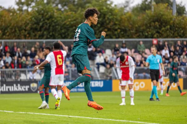 AMSTERDAM, THE NETHERLANDS - Wednesday, October 26, 2022: Liverpool's Trent Kone Doherty celebrates after scoring his side's first goal during the UEFA Youth League Group A Matchday 5 game between AFC Ajax Under-19's and Liverpool FC Under-19's at Sportpark De Toekomst. (Pic by David Rawcliffe/Propaganda)