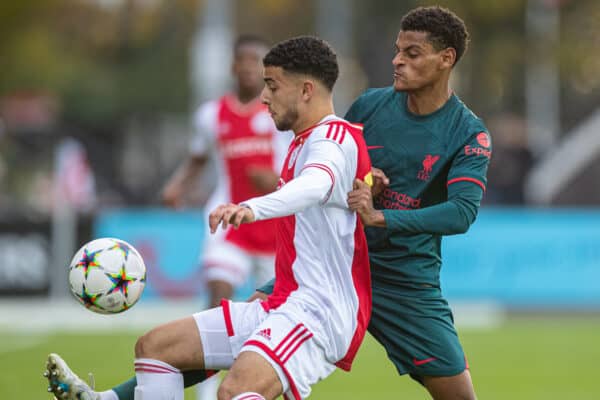 AMSTERDAM, THE NETHERLANDS - Wednesday, October 26, 2022: Liverpool's Melkamu Frauendorf (R) challenges AFC Ajax's Oualid Agougil during the UEFA Youth League Group A Matchday 5 game between AFC Ajax Under-19's and Liverpool FC Under-19's at Sportpark De Toekomst. (Pic by David Rawcliffe/Propaganda)