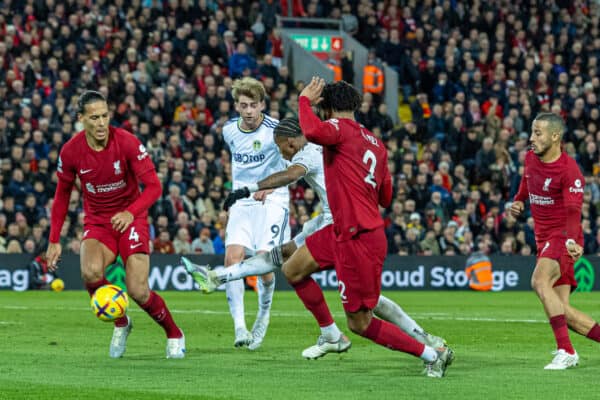 LIVERPOOL, ENGLAND - Saturday, October 29, 2022: Leeds United's Crysencio Summerville scores the second goal during the FA Premier League match between Liverpool FC and Leeds United FC at Anfield. (Pic by David Rawcliffe/Propaganda)