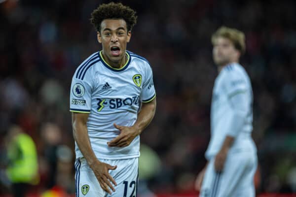 LIVERPOOL, ENGLAND - Saturday, October 29, 2022: Leeds United's Tyler Adams celebrates as his side score scoring the winning second goal in injury time during the FA Premier League match between Liverpool FC and Leeds United FC at Anfield. (Pic by David Rawcliffe/Propaganda)