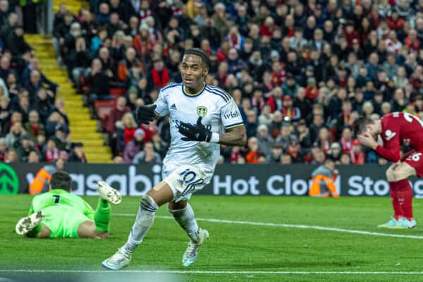 LIVERPOOL, ENGLAND - Saturday, October 29, 2022: Leeds United's Crysencio Summerville celebrates after scoring the winning second goal in injury time during the FA Premier League match between Liverpool FC and Leeds United FC at Anfield. (Pic by David Rawcliffe/Propaganda)