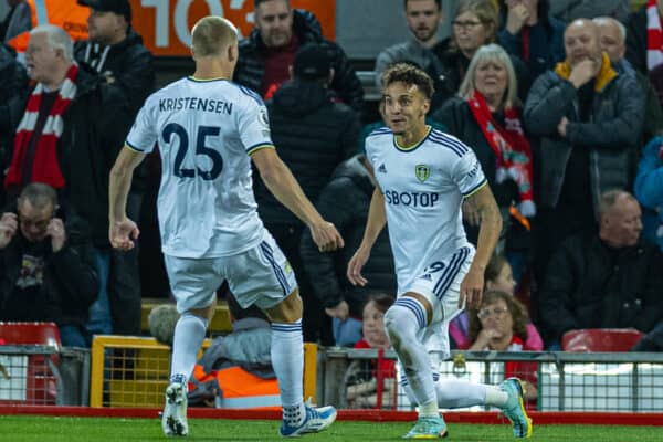 LIVERPOOL, ENGLAND - Saturday, October 29, 2022: Leeds United's Rodrigo Moreno Machado celebrates after scoring the first goal during the FA Premier League match between Liverpool FC and Leeds United FC at Anfield. (Pic by David Rawcliffe/Propaganda)