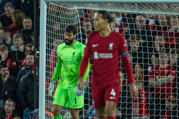 LIVERPOOL, ENGLAND - Saturday, October 29, 2022: Liverpool's goalkeeper Alisson Becker looks dejected as Leeds United score the opening goal during the FA Premier League match between Liverpool FC and Leeds United FC at Anfield. (Pic by David Rawcliffe/Propaganda)