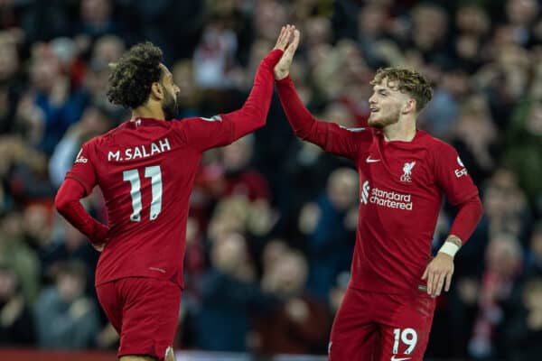 LIVERPOOL, ENGLAND - Saturday, October 29, 2022: Liverpool's Mohamed Salah (L) celebrates with team-mate Harvey Elliott after scoring the first equalising goal during the FA Premier League match between Liverpool FC and Leeds United FC at Anfield. (Pic by David Rawcliffe/Propaganda)