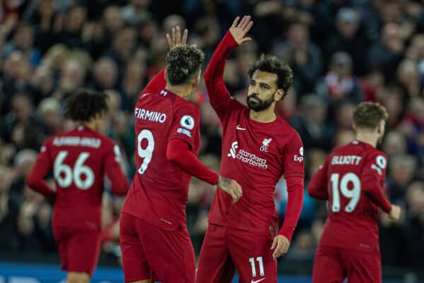 LIVERPOOL, ENGLAND - Saturday, October 29, 2022: Liverpool's Mohamed Salah (R) celebrates with team-mate Roberto Firmino after scoring the first equalising goal during the FA Premier League match between Liverpool FC and Leeds United FC at Anfield. (Pic by David Rawcliffe/Propaganda)