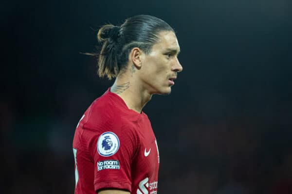 LIVERPOOL, ENGLAND - Saturday, October 29, 2022: Liverpool's Darwin Núñez during the FA Premier League match between Liverpool FC and Leeds United FC at Anfield. (Pic by David Rawcliffe/Propaganda)