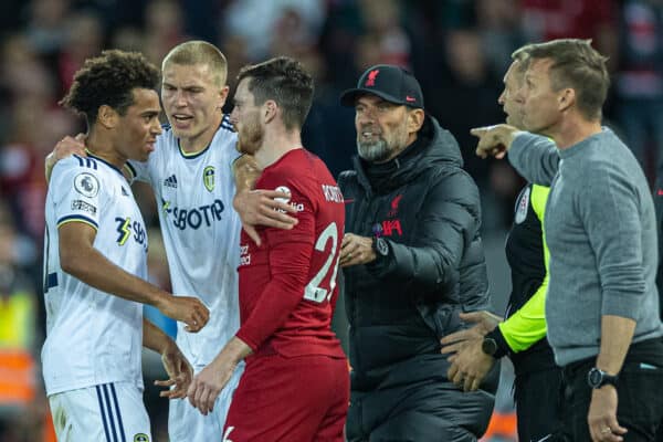 LIVERPOOL, ENGLAND - Saturday, October 29, 2022: Liverpool's Andy Robertson (R) clashes with Leeds United's Tyler Adams as manager Jürgen Klopp pulls him away during the FA Premier League match between Liverpool FC and Leeds United FC at Anfield. (Pic by David Rawcliffe/Propaganda)