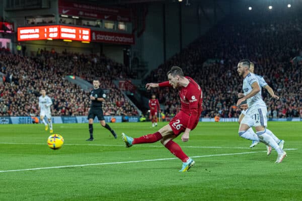 LIVERPOOL, ENGLAND - Saturday, October 29, 2022: Liverpool's Andy Robertson sees his shot go wide during the FA Premier League match between Liverpool FC and Leeds United FC at Anfield. (Pic by David Rawcliffe/Propaganda)