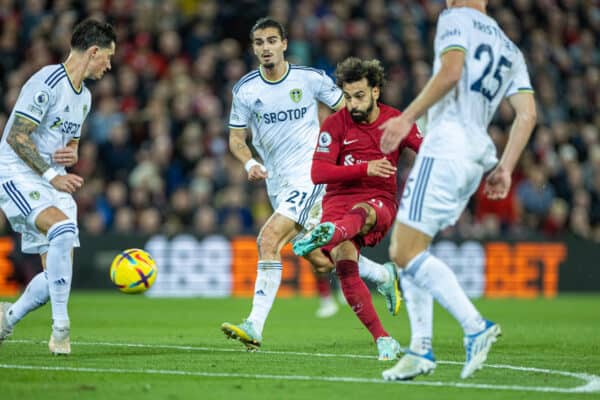 LIVERPOOL, ENGLAND - Saturday, October 29, 2022: Liverpool's Mohamed Salah sees his shot saved during the FA Premier League match between Liverpool FC and Leeds United FC at Anfield. (Pic by David Rawcliffe/Propaganda)