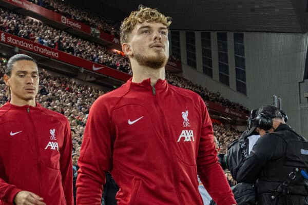 LIVERPOOL, ENGLAND - Saturday, October 29, 2022: Liverpool's Harvey Elliott walks out before during the FA Premier League match between Liverpool FC and Leeds United FC at Anfield. (Pic by David Rawcliffe/Propaganda)