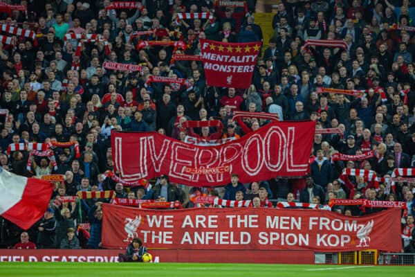 LIVERPOOL, ENGLAND - Saturday, October 29, 2022: Liverpool supporters on the Spion Kop during the FA Premier League match between Liverpool FC and Leeds United FC at Anfield. (Pic by David Rawcliffe/Propaganda)