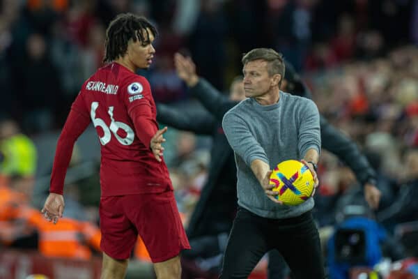 LIVERPOOL, ENGLAND - Saturday, October 29, 2022: Leeds United's manager Jesse Marsch refuses to give the ball to Liverpool's Trent Alexander-Arnold during the FA Premier League match between Liverpool FC and Leeds United FC at Anfield. (Pic by David Rawcliffe/Propaganda)