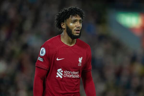 LIVERPOOL, ENGLAND - Saturday, October 29, 2022: Liverpool's Joe Gomez during the FA Premier League match between Liverpool FC and Leeds United FC at Anfield. (Pic by David Rawcliffe/Propaganda)