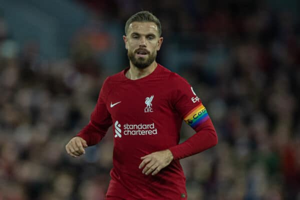 LIVERPOOL, ENGLAND - Saturday, October 29, 2022: Liverpool's captain Jordan Henderson, wearing a rainbow armband, during the FA Premier League match between Liverpool FC and Leeds United FC at Anfield. (Pic by David Rawcliffe/Propaganda)