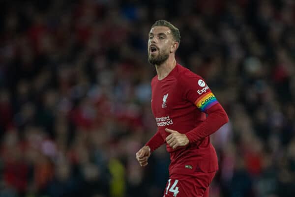 LIVERPOOL, ENGLAND - Saturday, October 29, 2022: Liverpool's captain Jordan Henderson, wearing a rainbow armband, during the FA Premier League match between Liverpool FC and Leeds United FC at Anfield. (Pic by David Rawcliffe/Propaganda)