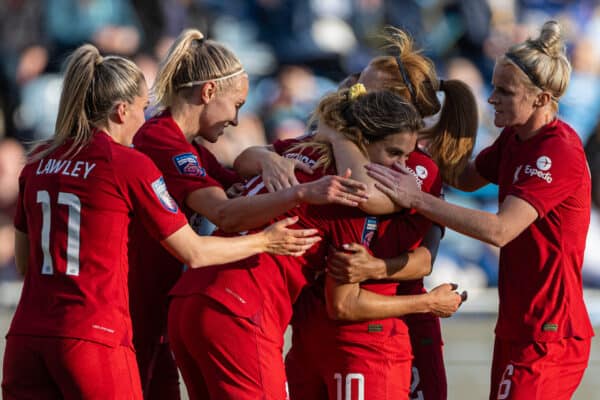 MANCHESTER, ENGLAND - Sunday, October 30, 2022: Liverpool's Katie Stengel (C) celebrates with team-mates after the first equalising goal during the FA Women’s Super League game between Manchester City FC Women and Liverpool FC Women at the Academy Stadium. (Pic by David Rawcliffe/Propaganda)