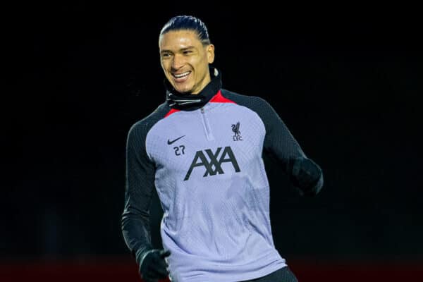 LIVERPOOL, ENGLAND - Monday, October 31, 2022: Liverpool's Darwin Núñez during a training session at the AXA Training Centre ahead of the UEFA Champions League Group A matchday 6 game between Liverpool FC and SSC Napoli. (Pic by David Rawcliffe/Propaganda)