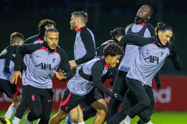 LIVERPOOL, ENGLAND - Monday, October 31, 2022: Liverpool's Darwin Núñez (R) during a training session at the AXA Training Centre ahead of the UEFA Champions League Group A matchday 6 game between Liverpool FC and SSC Napoli. (Pic by David Rawcliffe/Propaganda)