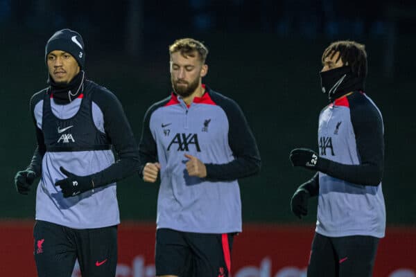 LIVERPOOL, ENGLAND - Monday, October 31, 2022: Liverpool's (L-R) Fabio Henrique Tavares 'Fabinho', Nathaniel Phillips, Trent Alexander-Arnold during a training session at the AXA Training Centre ahead of the UEFA Champions League Group A matchday 6 game between Liverpool FC and SSC Napoli. (Pic by David Rawcliffe/Propaganda)