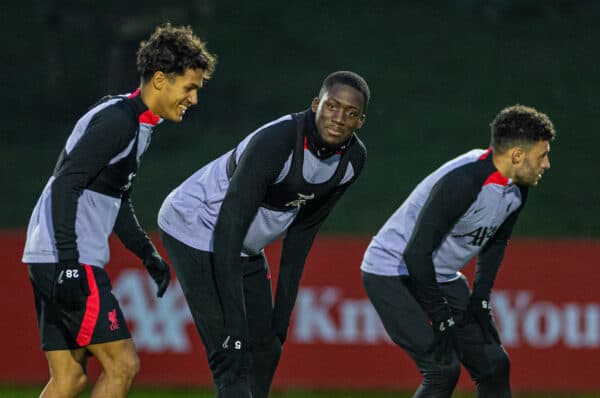 LIVERPOOL, ENGLAND - Monday, October 31, 2022: Liverpool's Ibrahima Konaté (C) during a training session at the AXA Training Centre ahead of the UEFA Champions League Group A matchday 6 game between Liverpool FC and SSC Napoli. (Pic by David Rawcliffe/Propaganda)