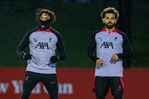 LIVERPOOL, ENGLAND - Monday, October 31, 2022: Liverpool's Trent Alexander-Arnold (L) and Mohamed Salah (R) during a training session at the AXA Training Centre ahead of the UEFA Champions League Group A matchday 6 game between Liverpool FC and SSC Napoli. (Pic by David Rawcliffe/Propaganda)