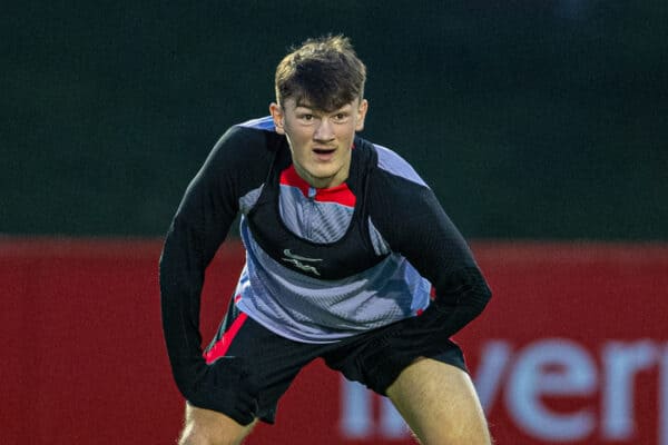 LIVERPOOL, ENGLAND - Monday, October 31, 2022: Liverpool's Calvin Ramsay during a training session at the AXA Training Centre ahead of the UEFA Champions League Group A matchday 6 game between Liverpool FC and SSC Napoli. (Pic by David Rawcliffe/Propaganda)