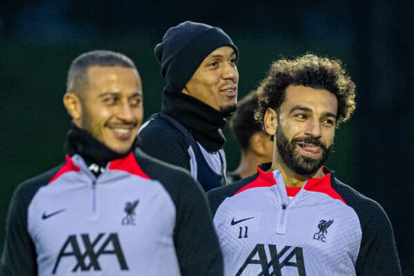 LIVERPOOL, ENGLAND - Monday, October 31, 2022: Liverpool's Mohamed Salah (R), Fabio Henrique Tavares 'Fabinho' (C) and Thiago Alcântara (L) during a training session at the AXA Training Centre ahead of the UEFA Champions League Group A matchday 6 game between Liverpool FC and SSC Napoli. (Pic by David Rawcliffe/Propaganda)