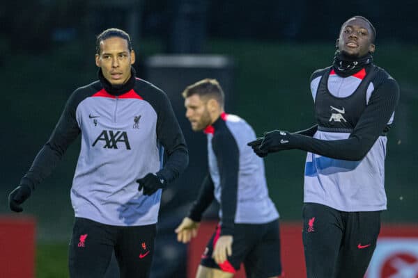 LIVERPOOL, ENGLAND - Monday, October 31, 2022: Liverpool's Virgil van Dijk (L) and Ibrahima Konaté (R) during a training session at the AXA Training Centre ahead of the UEFA Champions League Group A matchday 6 game between Liverpool FC and SSC Napoli. (Pic by David Rawcliffe/Propaganda)