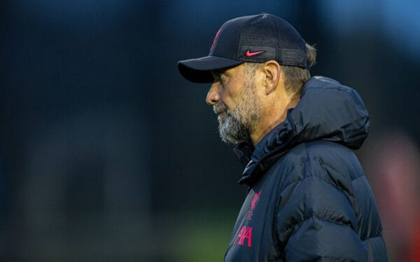 LIVERPOOL, ENGLAND - Monday, October 31, 2022: Liverpool's manager Jürgen Klopp during a training session at the AXA Training Centre ahead of the UEFA Champions League Group A matchday 6 game between Liverpool FC and SSC Napoli. (Pic by David Rawcliffe/Propaganda)