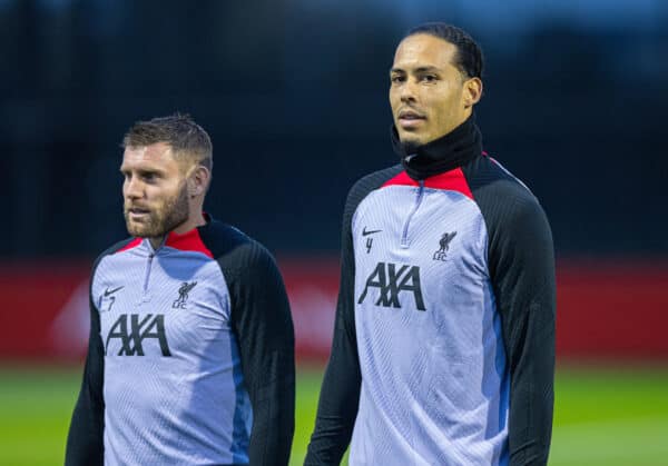 LIVERPOOL, ENGLAND - Monday, October 31, 2022: Liverpool's Virgil van Dijk (R) and James Milner during a training session at the AXA Training Centre ahead of the UEFA Champions League Group A matchday 6 game between Liverpool FC and SSC Napoli. (Pic by David Rawcliffe/Propaganda)