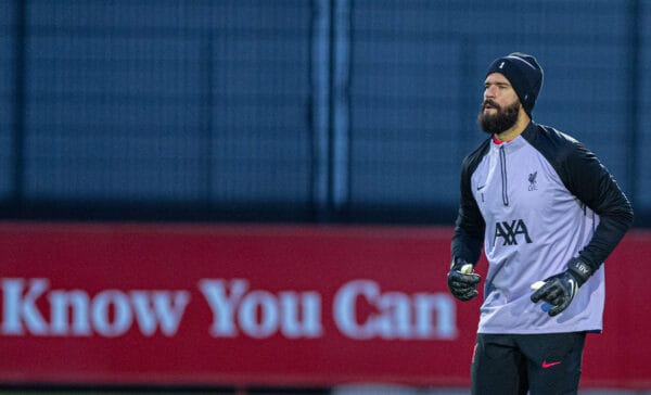 LIVERPOOL, ENGLAND - Monday, October 31, 2022: Liverpool's goalkeeper Alisson Becker during a training session at the AXA Training Centre ahead of the UEFA Champions League Group A matchday 6 game between Liverpool FC and SSC Napoli. (Pic by David Rawcliffe/Propaganda)