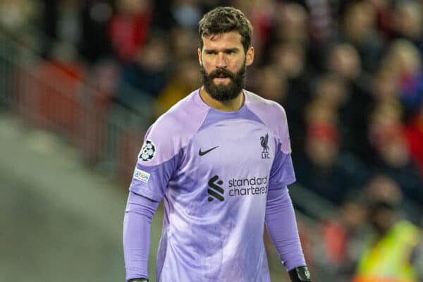 LIVERPOOL, ENGLAND - Tuesday, November 1, 2022: Liverpool's goalkeeper Alisson Becker during the UEFA Champions League Group A matchday 6 game between Liverpool FC and SSC Napoli at Anfield. (Pic by David Rawcliffe/Propaganda)