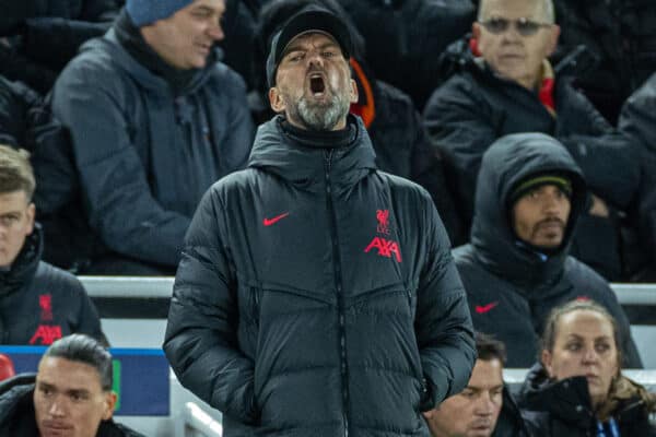 LIVERPOOL, ENGLAND - Tuesday, November 1, 2022: Liverpool's manager Jürgen Klopp during the UEFA Champions League Group A matchday 6 game between Liverpool FC and SSC Napoli at Anfield. (Pic by David Rawcliffe/Propaganda)