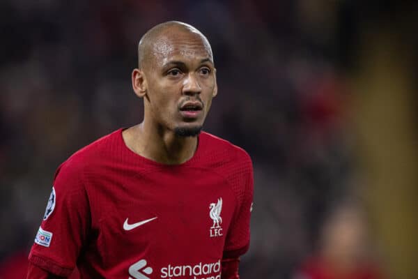 LIVERPOOL, ENGLAND - Tuesday, November 1, 2022: Liverpool's Fabio Henrique Tavares 'Fabinho' during the UEFA Champions League Group A matchday 6 game between Liverpool FC and SSC Napoli at Anfield. (Pic by David Rawcliffe/Propaganda)