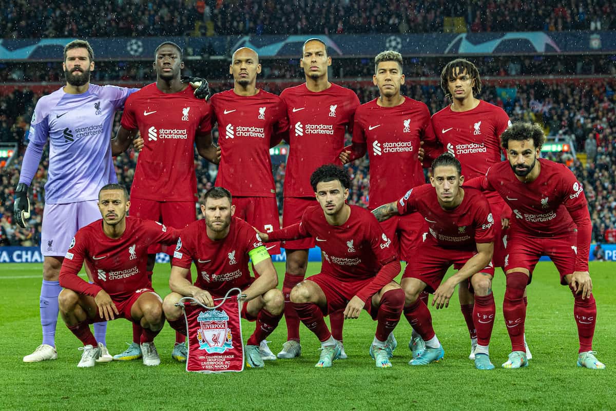 LIVERPOOL, ENGLAND - Tuesday, November 1, 2022: Liverpool players line-up for a team group photograph before the UEFA Champions League Group A matchday 6 game between Liverpool FC and SSC Napoli at Anfield. (Pic by David Rawcliffe/Propaganda)